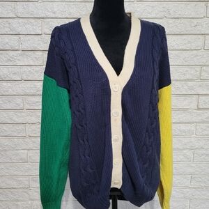 Nautica Vtg Cardigan Med Chunky Knit  Thick Retro Preppy Colorblock 100% Cotton